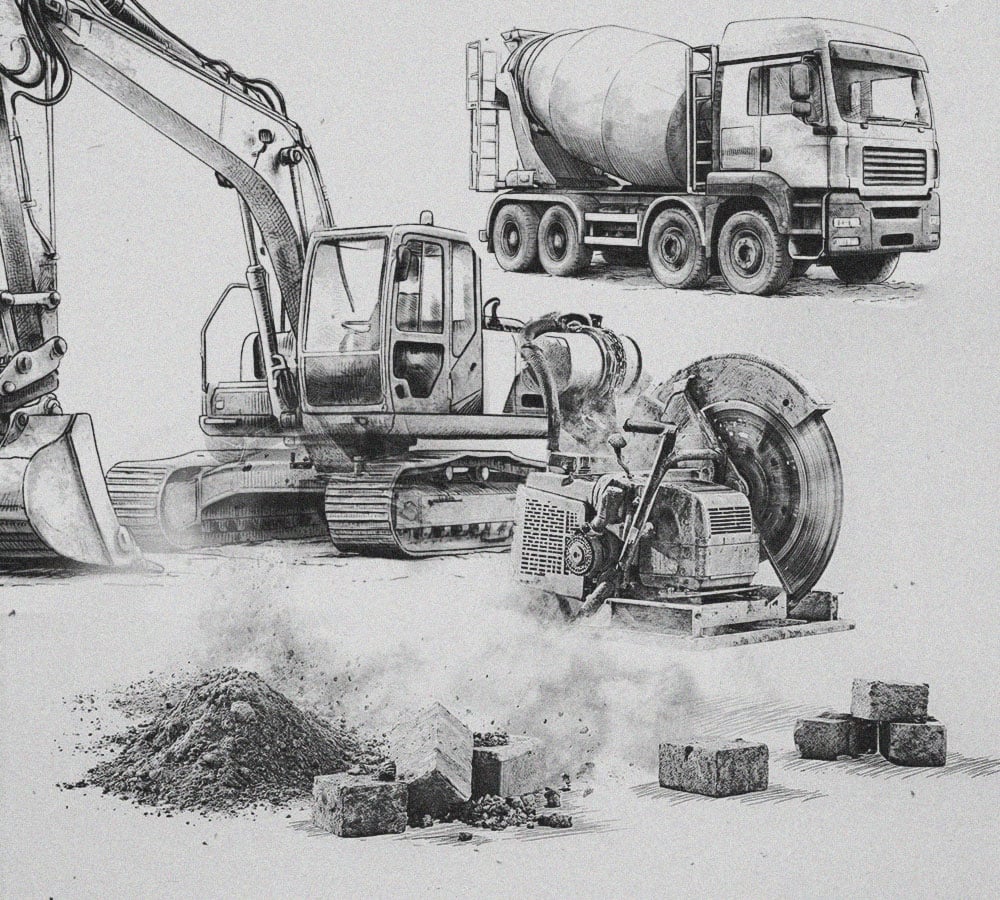 Eine Schwarz-Weiß-Skizze zeigt einen Betonmischer, einen Bagger, eine Betonsäge, einen kleinen Erdhaufen, verstreute Ziegelsteine und Staub und stellt damit eine Baustellenszene dar.